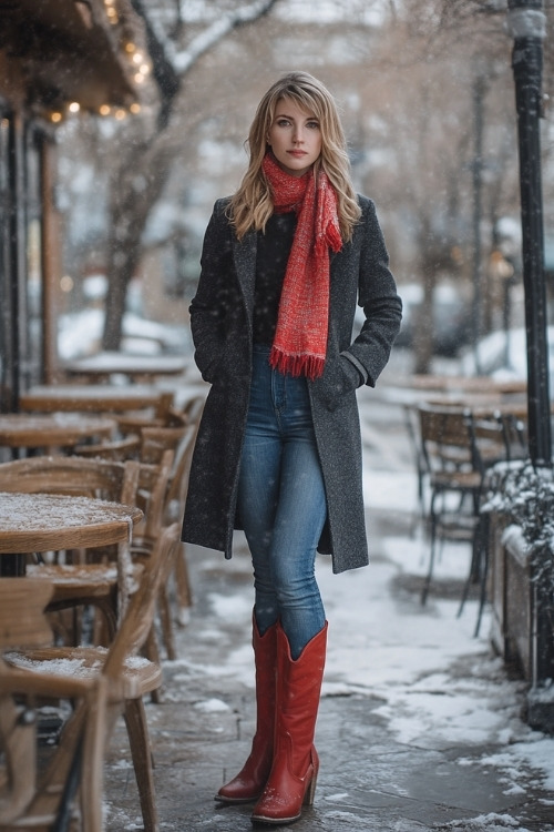 Woman wearing a dark wool coat layered with a warm scarf, jeans, and red cowboy boots, standing by a café patio surrounded by snowy trees