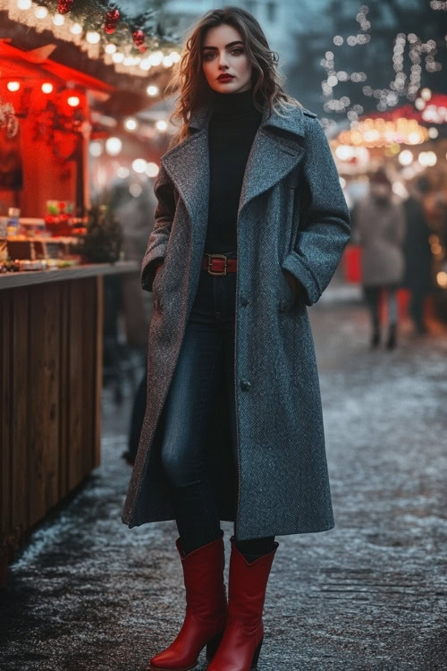 Woman wearing a gray wool trench coat over a turtleneck, black jeans, and red cowboy boots, standing near a cozy winter market with festive light