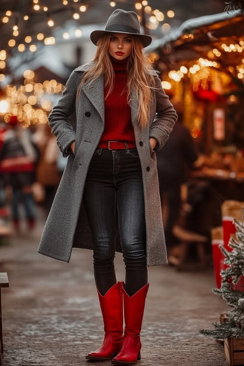 Woman wearing a gray wool trench coat over a turtleneck, black jeans, and red cowboy boots, standing near a cozy winter market with festive lights