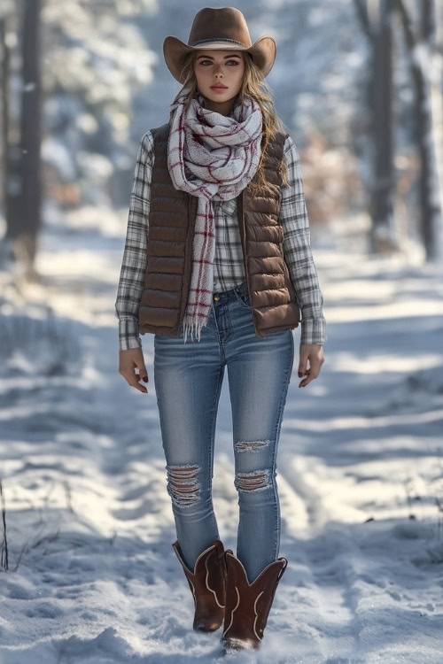 Woman wearing a knitted scarf and a warm puffer vest over a plaid flannel shirt, ripped jeans, and brown cowboy boots, standing in a snow-covered park with tall trees