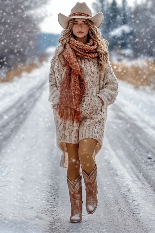 Woman wearing a knitted scarf and hat over a long sweater dress with tights and beige cowboy boots, standing on a quiet, snow-dusted road (2)