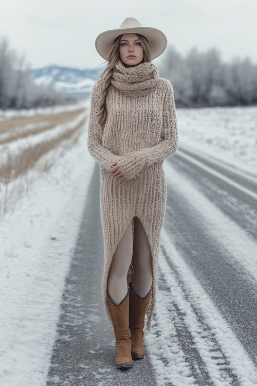 Woman wearing a knitted scarf and hat over a long sweater dress with tights and beige cowboy boots, standing on a quiet, snow-dusted road