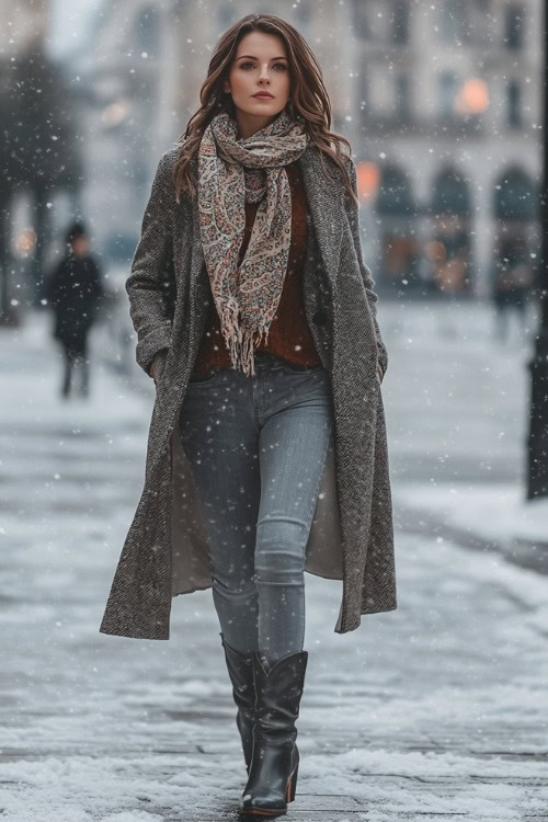 Woman wearing a long wool coat with a patterned scarf, gray jeans, and black cowboy boots, strolling through a snow-dusted city square (2)