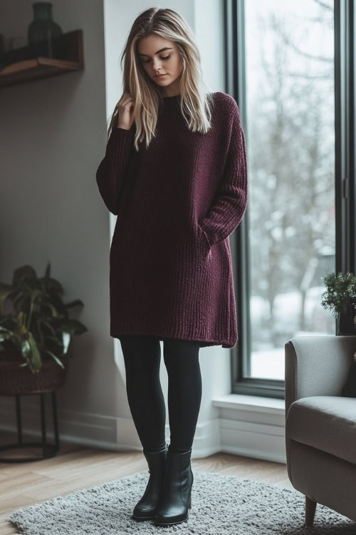 Woman wearing a loose maroon sweater dress with a relaxed fit, styled with black leggings and ankle boots (2)