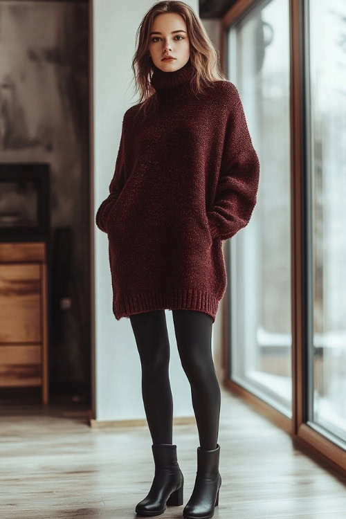 Woman wearing a loose maroon sweater dress with a relaxed fit, styled with black leggings and ankle boots