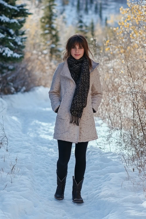 Woman wearing a parka with a cozy scarf, black leggings, and black cowboy boots, standing along a snow-covered trail with frosty evergreens around