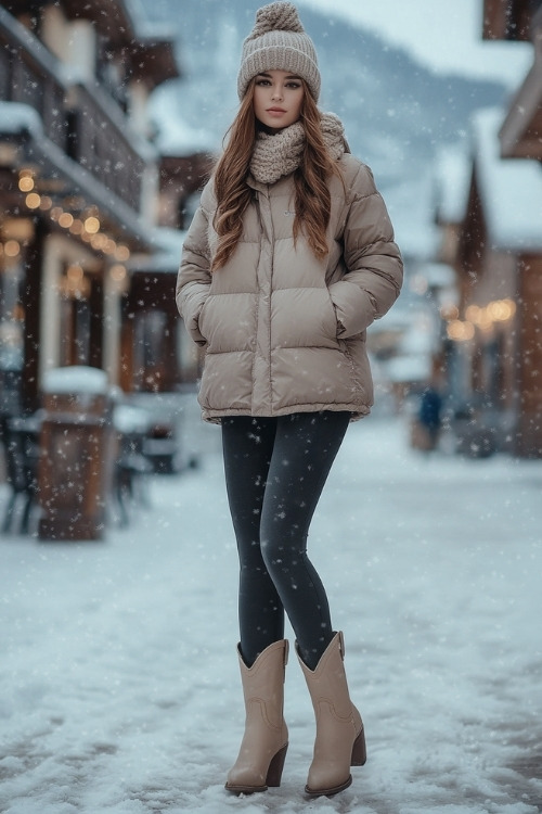 Woman wearing a puffer jacket, knit hat, dark leggings, and beige cowboy boots, standing in a small snow-covered town square (2)