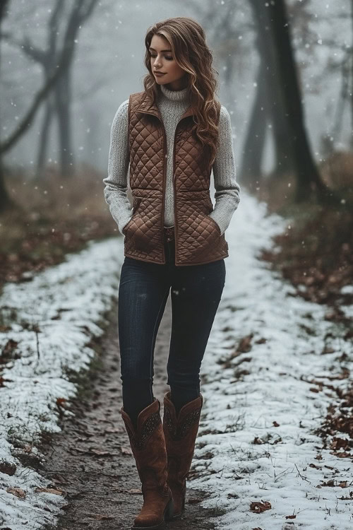 Woman wearing a quilted vest over a wool sweater, dark jeans, and brown cowboy boots, standing on a snowy path through a peaceful woodland (2)