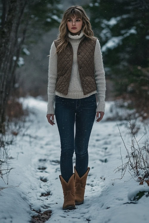 Woman wearing a quilted vest over a wool sweater, dark jeans, and brown cowboy boots, standing on a snowy path through a peaceful woodland