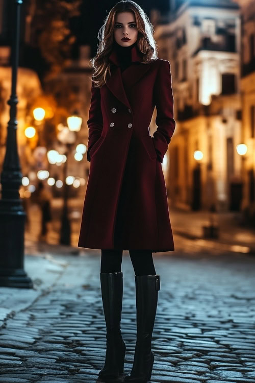 Woman wearing a tailored, deep burgundy overcoat dress with a high collar, mid-thigh length, paired with knee-high black leather boots (2)