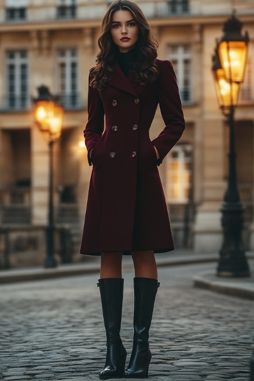 Woman wearing a tailored, deep burgundy overcoat dress with a high collar, mid-thigh length, paired with knee-high black leather boots