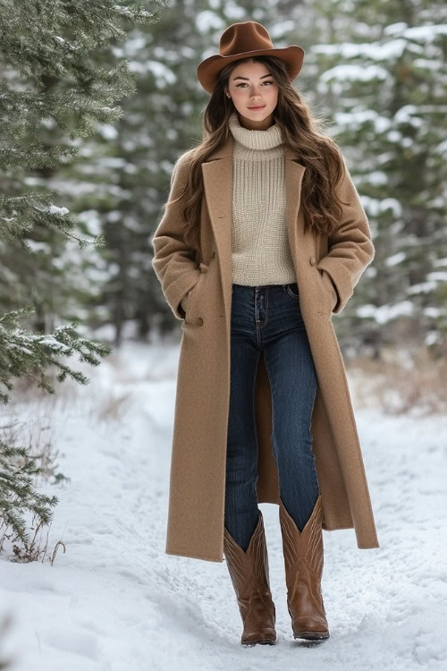 Woman wearing a thick beige sweater under a long, camel-colored coat, dark-wash jeans, and brown leather cowboy boots