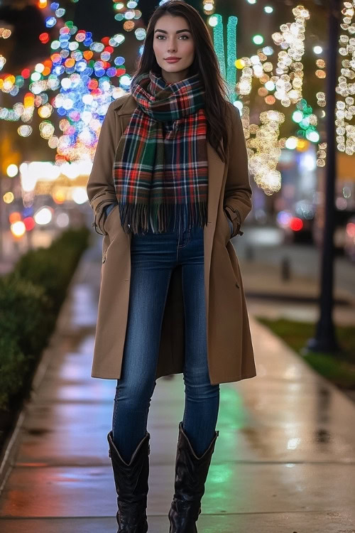 Woman wearing a thick plaid scarf over a wool trench coat, fitted jeans, and black cowboy boots, standing by a busy city sidewalk decorated with festive lights