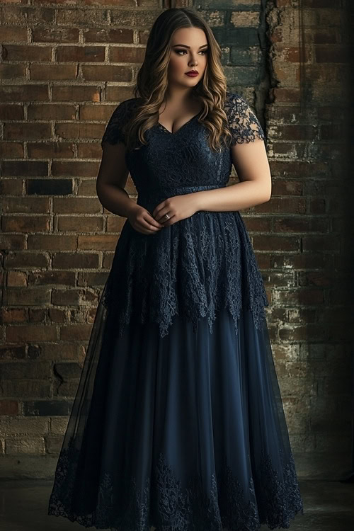 Woman wearing an ankle-length plus-size dress with intricate lace overlay in navy blue, featuring a high waist and a modest neckline (2)