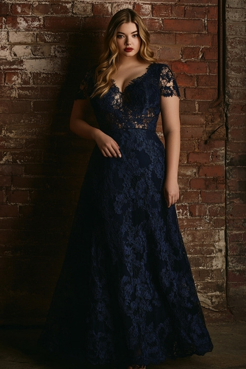 Woman wearing an ankle-length plus-size dress with intricate lace overlay in navy blue, featuring a high waist and a modest neckline