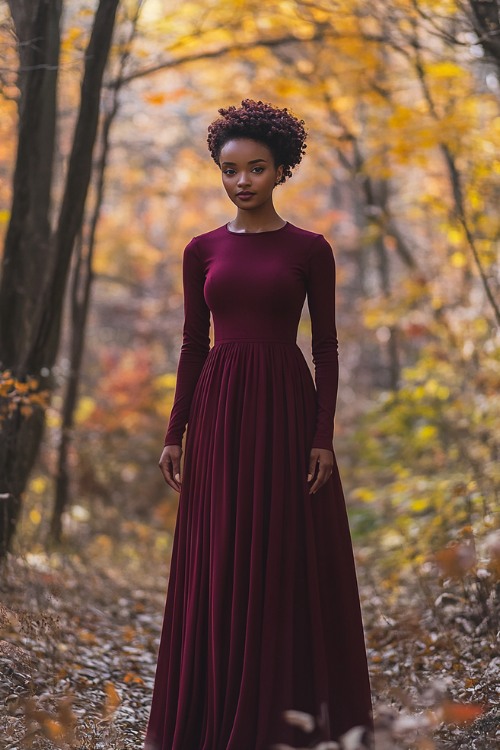 a black woman wears a burgundy wedding guest dress with long sleeves