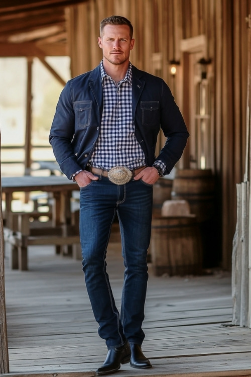 a man wears a blue plaid shirt, denim jacket, jeans and black cowboy boots