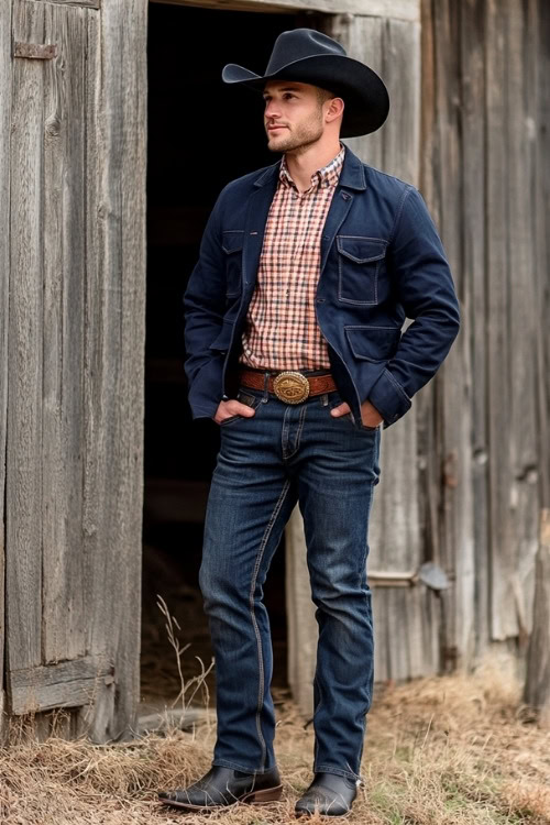 a man wears a red plaid shirt, denim jacket, jeans and black cowboy boots