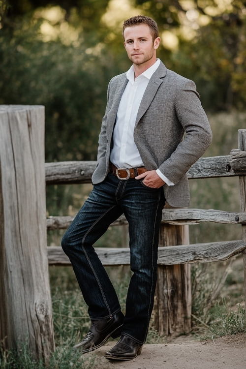 a man wears a white shirt, a blazer, jeans and black cowboy boots