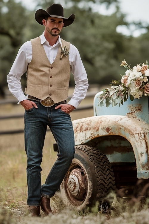 a man wears a white shirt, beige vest, jeans and brown cowboy boots