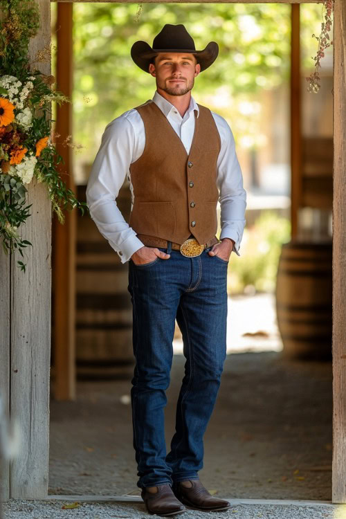 a man wears a white shirt, brown vest, jeans and brown cowboy boots