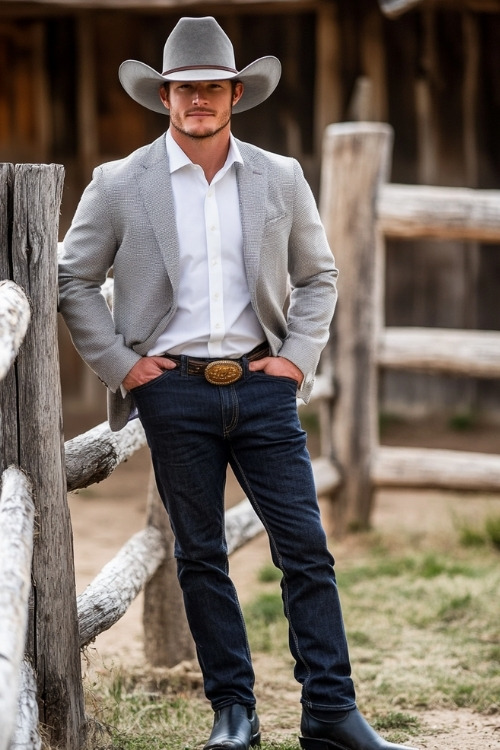 a man wears jeans with a white shirt and black cowboy boots