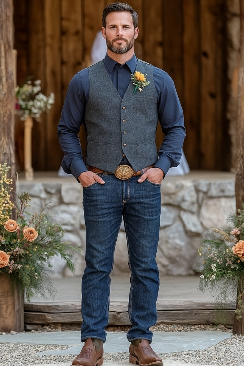 a man wears jeans with blue shirt and brown cowboy boots