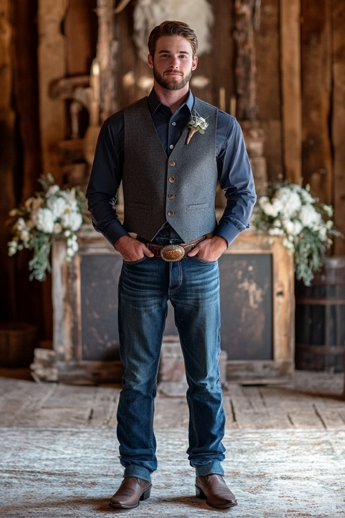 a man wears jeans with denim shirt and brown cowboy boots