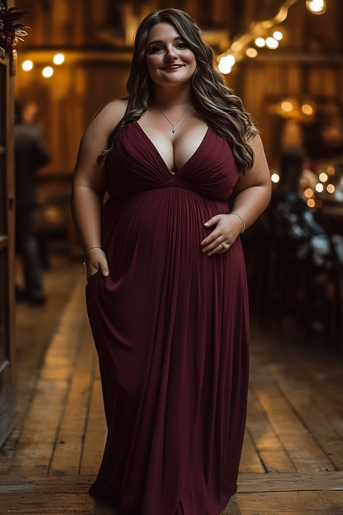 a plus size woman wears a long burgundy wedding guest dress with a V neckline (2)