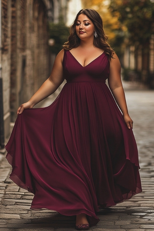 a plus size woman wears a long burgundy wedding guest dress with a V neckline