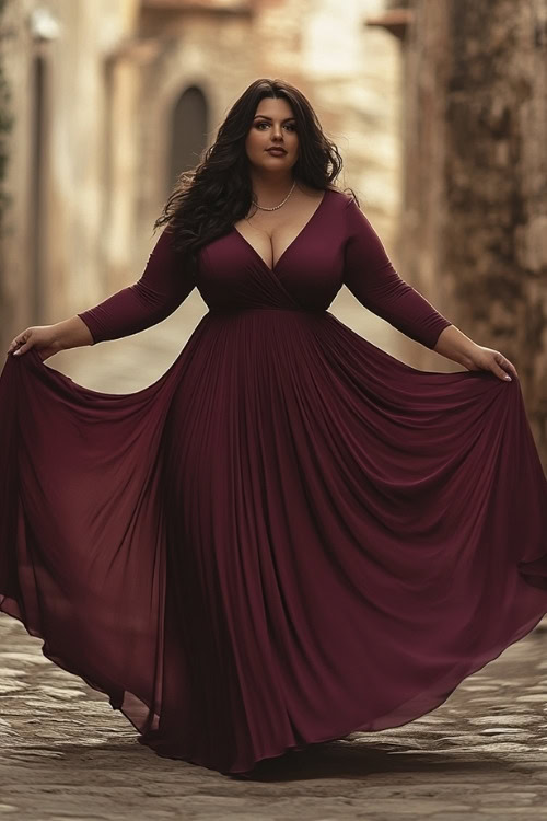 a plus size woman wears a long burgundy wedding guest dress with long sleeves