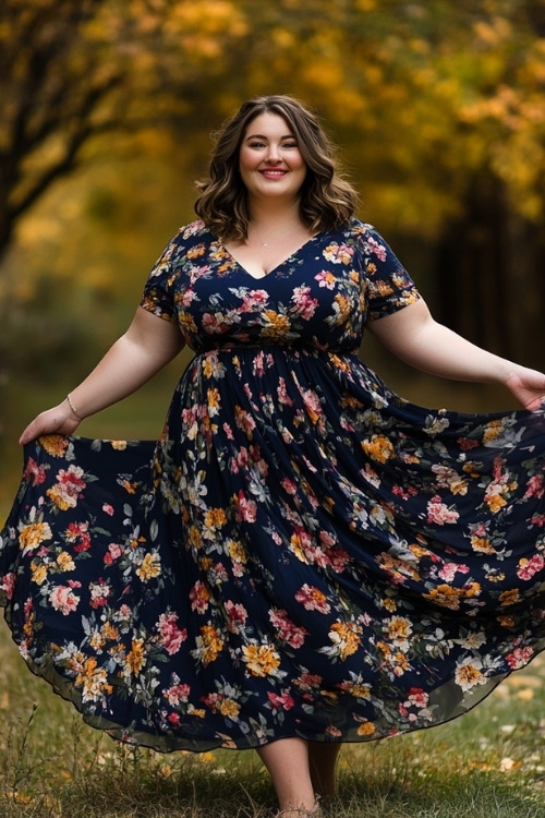 a plus size woman wears a long dark blue floral wedding guest dress with short sleeves