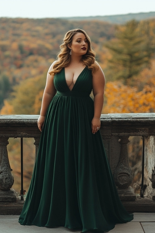 a plus size woman wears a long green wedding guest dress with a plunging neckline