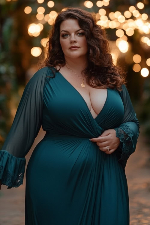 a plus size woman wears a long green wedding guest dress with a wrap style