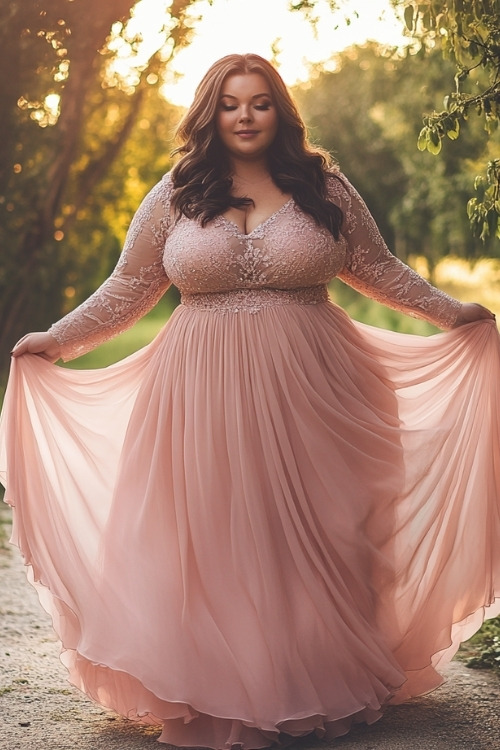 a plus size woman wears a long pink wedding guest dress with a lace bodice