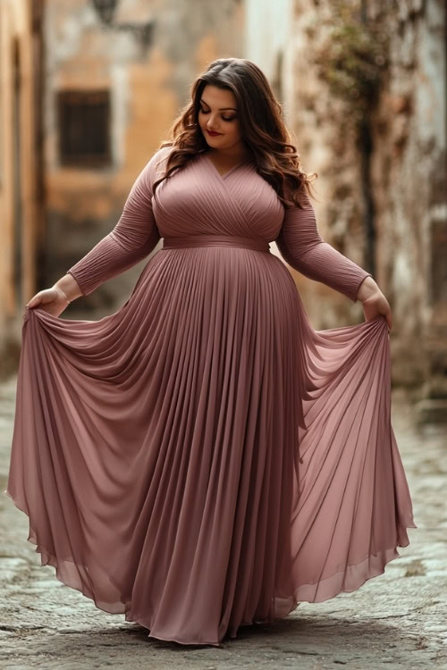 a plus size woman wears a long pink wedding guest dress with long sleeves