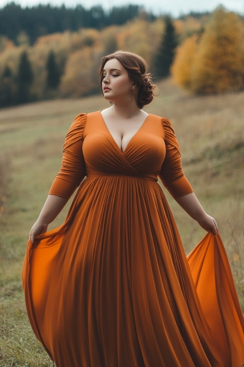 a plus size woman wears a long rust wedding guest dress with a V neckline