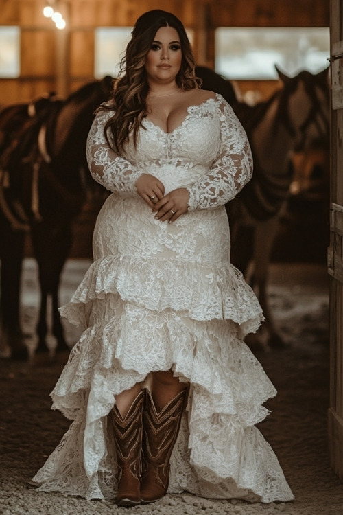 a plus size woman wears a white lace dress and dark brown cowboy boots