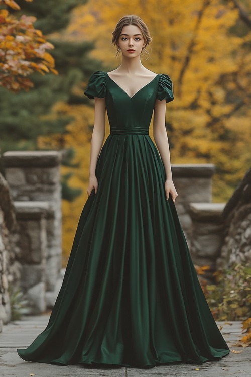 a woman wears a V neck green wedding guest dress with puff sleeves