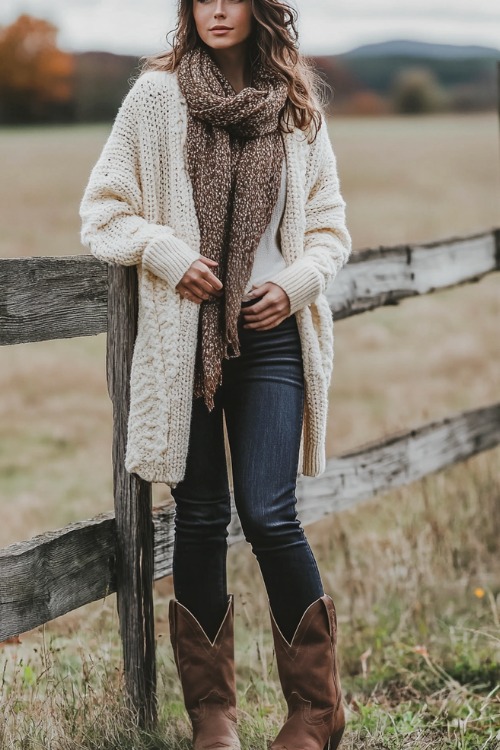 a woman wears a beige cardiagan, dark jeans and brown cowboy boots