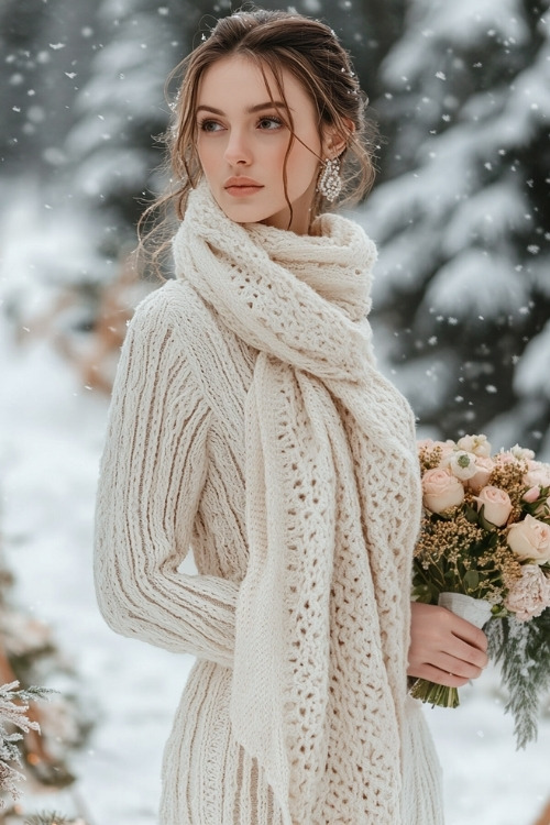 a woman wears a beige knit wedding guest dress with a matching scarf