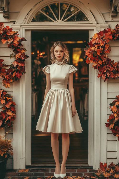 a woman wears a beige satin wedding guest dress with white heels