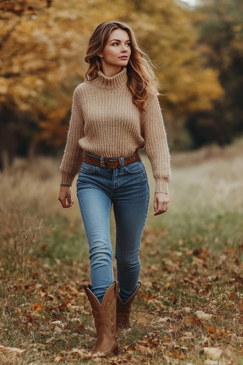 a woman wears a beige sweater, jeans and brown cowboy boots (2)