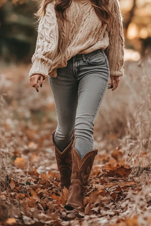 a woman wears a beige sweater, jeans and brown cowboy boots