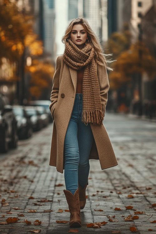 a woman wears a beige trench coat, a matching scarf, jeans, a brown sweater and tan cowboy boots