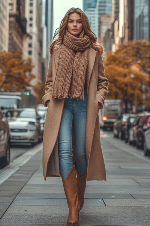 a woman wears a beige trench coat, a matching scarf, jeans and tan cowboy boots (2)