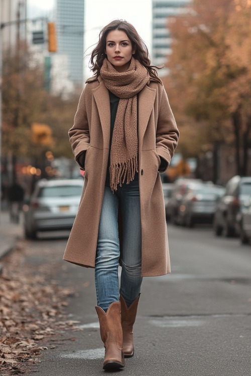 a woman wears a beige trench coat, a matching scarf, jeans and tan cowboy boots