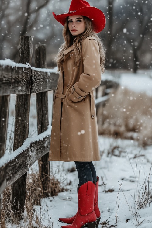 a woman wears a beige trench coat, jeans and red cowboy boots