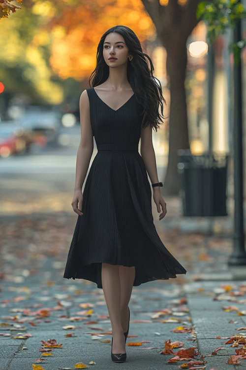 a woman wears a black V neck wedding guest dress with black pumps