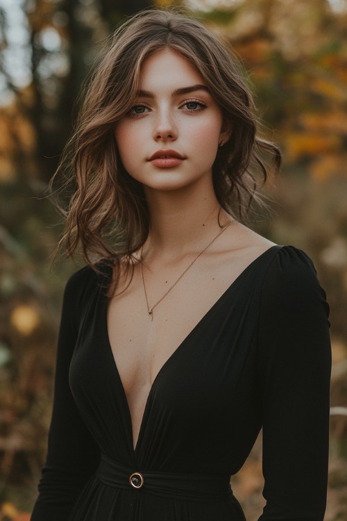 a woman wears a black V neck wedding guest dress with long sleeves